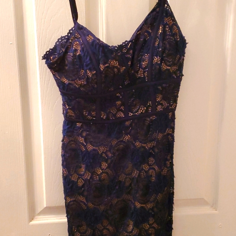 Navy and beige lace style dress